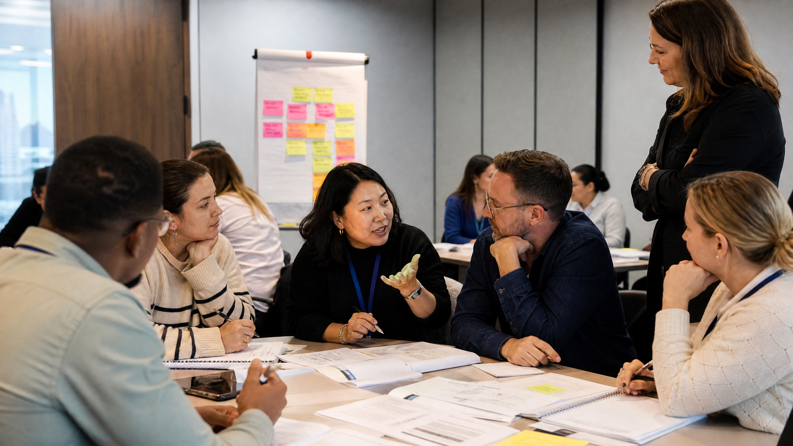 Workshop group in discussion during a live training session