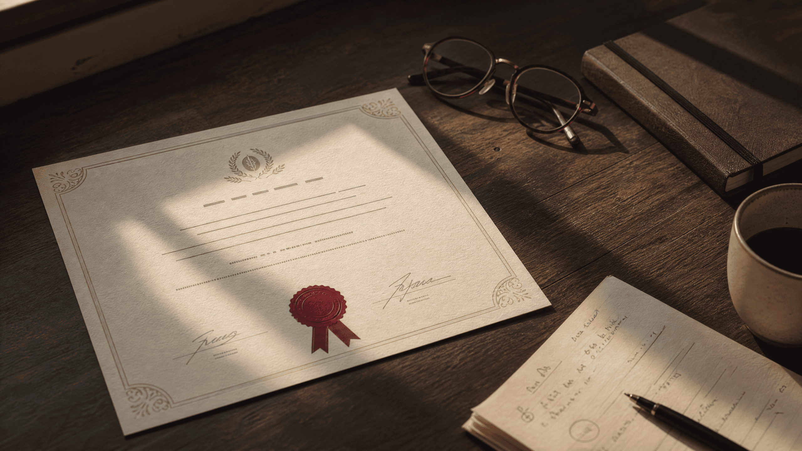 Certificate on a desk at a testing workstation
