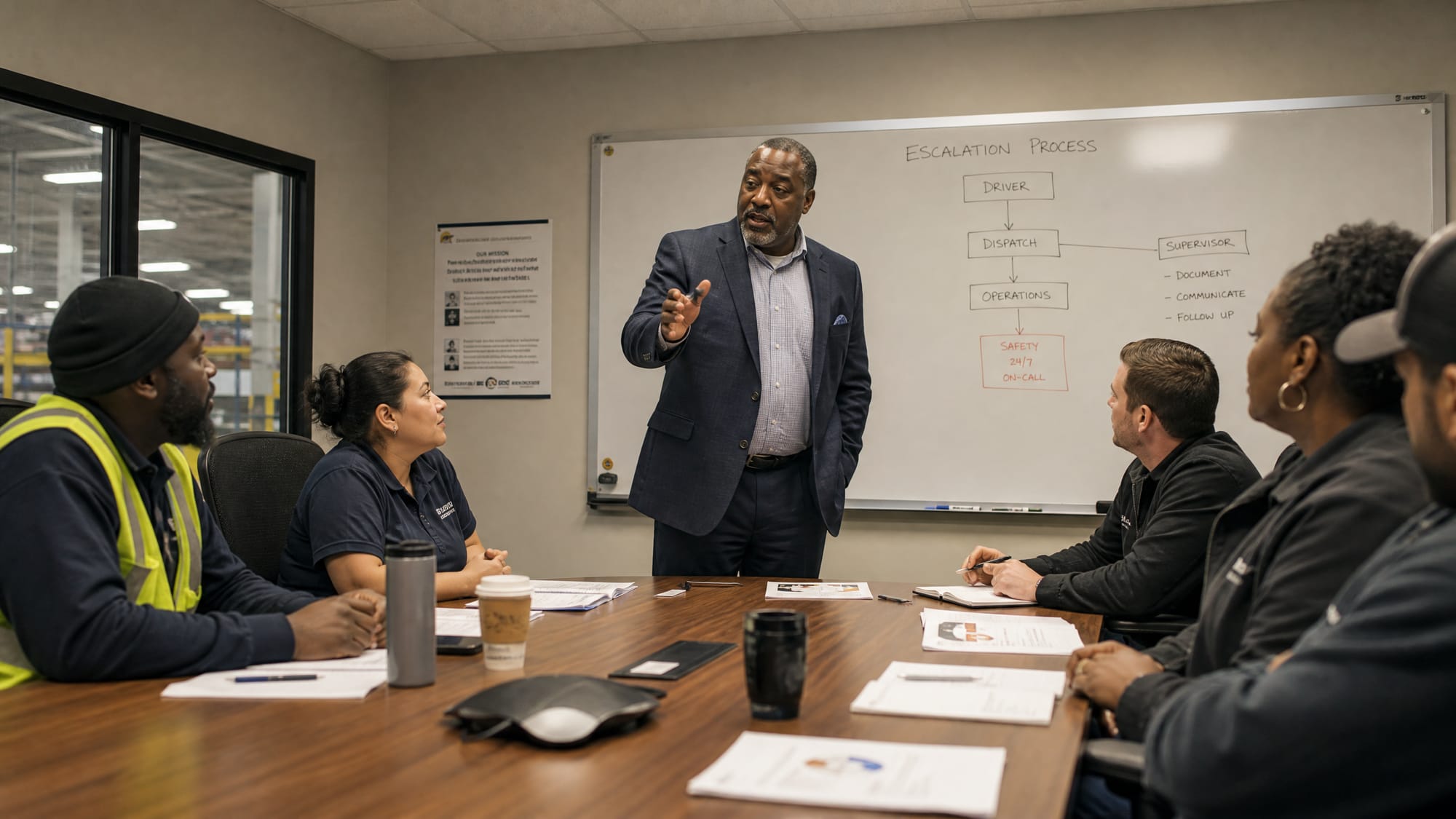 Facilitator mapping an escalation process on a whiteboard with a frontline logistics team