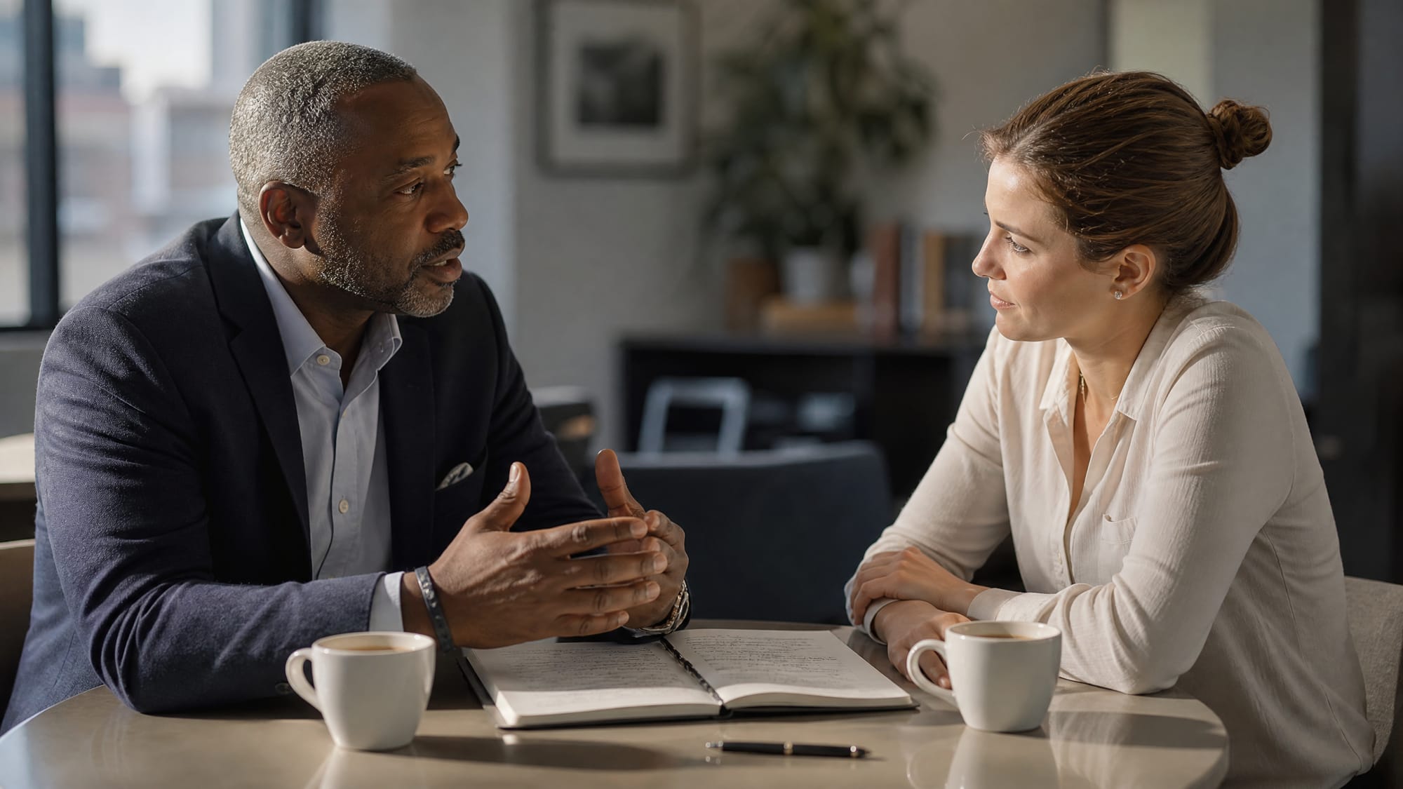 One-on-one coaching conversation between a facilitator and a new manager