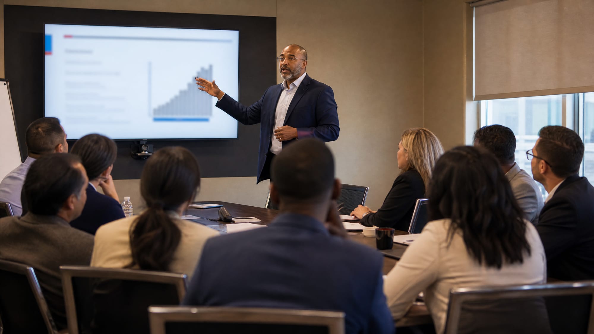 Trainer presenting a growth chart to a leadership team in a boardroom