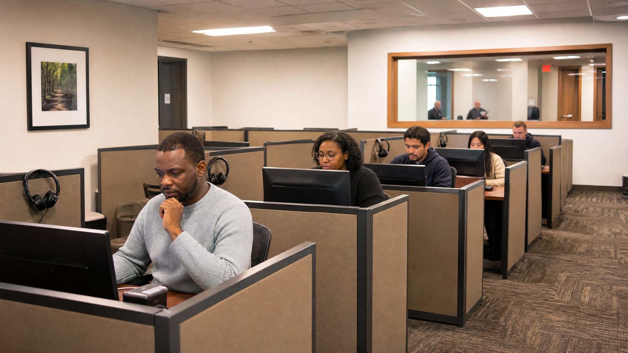 Proctored testing room with candidates at private partitioned workstations and an observation window