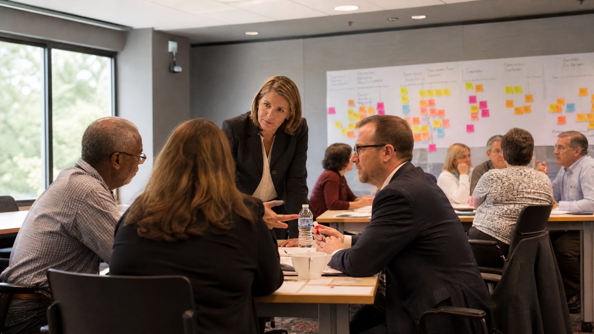 Facilitator leaning in with a breakout group during a workshop, sticky notes on the wall behind