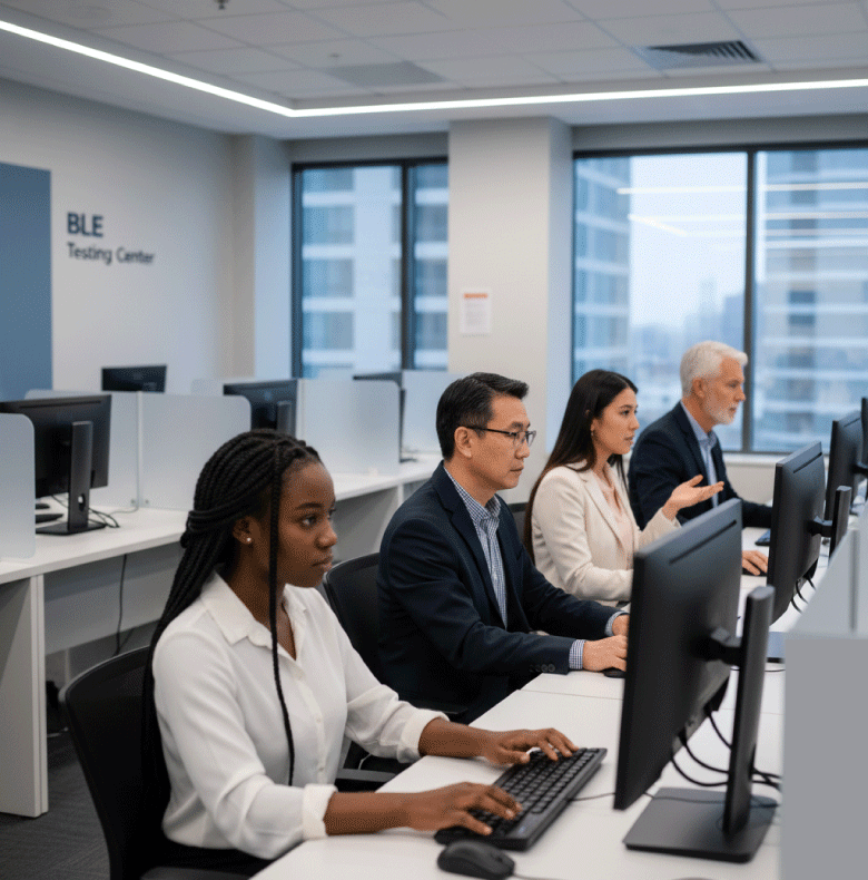 Testing room with people working at private workstations